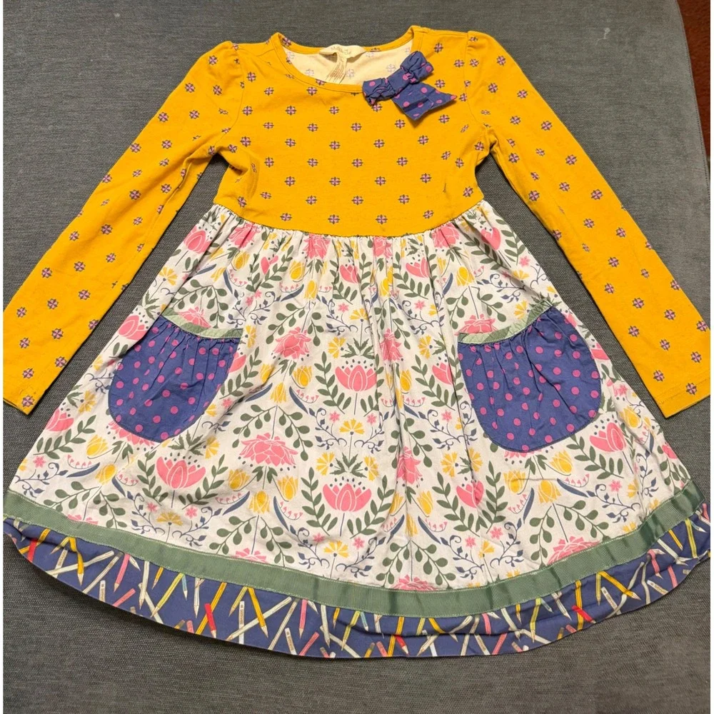 Matilda Jane Girls Mixed Print Long Sleeve Dress Yellow Floral Pencil Hem Size 6